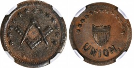 Patriotic Civil War Tokens

Undated (1861-1865) Masonic Emblems / Shield. Fuld-251/345 a. Rarity-6. Copper. Plain Edge. MS-63 BN (NGC).

20 mm.
...