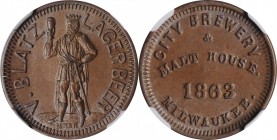 Civil War Store Cards

Wisconsin--Milwaukee. 1863 Valentine Blatz, City Brewery & Malt House. Fuld-510E-1a. Rarity-3. Copper. Plain Edge. MS-64 BN (...