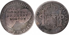 Counterstamps

Massachusetts--Boston. CONSULT / DR. DARBY / BOSTON on an undated Mexico City 2 reales of Carlos IIII. Brunk D-78, Miller-Mass 34A. H...