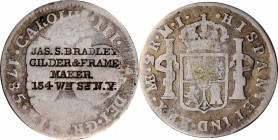 Counterstamps

New York--New York. JAS. S. BRADLEY / GILDER & FRAME / MAKER / 154 WM. ST N.Y. on a 1785 Spanish-American 2 reales. Brunk B-1025, Rul...