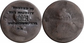 Counterstamps

MAKERS TO / HER MAJESTY / (British Coat of Arms) / PHILADELPHIA (over inverted PHILADELPHIA) / D. H. on a 1799-1806 British penny. Ho...