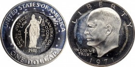 Counterstamps

1981 Sandra Day O'Connor Counterstamp on a silver-clad 1971-S Eisenhower dollar. Host coin Proof.

The reverse with a circular cent...