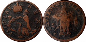 St. Patrick Farthing

Undated (ca. 1652-1674) St. Patrick Farthing. Martin 8a.3-Da.5, W-11500. Rarity-6. Copper. Martlet Alone Below King. Very Good...