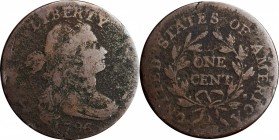 Draped Bust Cent

1796 Draped Bust Cent. NC-1. Rarity-6. Reverse of 1797. VG-8, Porous.

Rough surfaces with granularity affecting the fields and ...