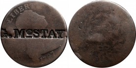 Draped Bust Cent

1797 Draped Bust Cent. S-121B. Rarity-3. Reverse of 1795, Gripped Edge--G. MCSTAY Counterstamp--Fair-2.

A bold counterstamp, pr...