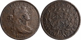 Draped Bust Cent

1797 Draped Bust Cent. S-122. Rarity-5+. Reverse of 1797, Stems to Wreath. VF-35, Corrosion.

Remarkably sharp, this would be li...