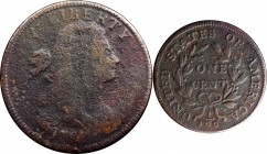 Draped Bust Cent

1797 Draped Bust Cent. S-125. Rarity-5. Reverse of 1797, Stems to Wreath. VG-8, Corrosion.

Dark brown surfaces are quite granul...