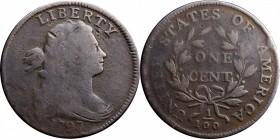 Draped Bust Cent

1797 Draped Bust Cent. S-126. Rarity-3. Reverse of 1797, Stems to Wreath. Good-6, Burnished.

Faintly granular surfaces that wer...