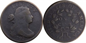 Draped Bust Cent

1797 Draped Bust Cent. S-128. Rarity-3. Reverse of 1797, Stems to Wreath. Fine-12, Porous.

Dark olive and steel surfaces that a...