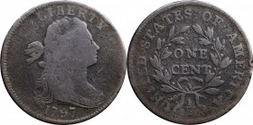 Draped Bust Cent

1797 Draped Bust Cent. S-129. Rarity-5. Reverse of 1797, Stems to Wreath. Good-6, Porous.

One of the rarities of this date and ...