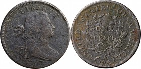 Draped Bust Cent

1797 Draped Bust Cent. S-130. Rarity-2. Reverse of 1797, Stems to Wreath. VF-20, Corrosion, Scratches.

Only lightly worn but ha...