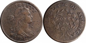 Draped Bust Cent

1797 Draped Bust Cent. S-134. Rarity-4. Reverse of 1797, Stems to Wreath. VF-20, Lightly Cleaned.

Nicely detailed and with plea...