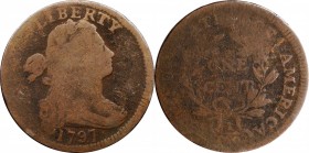Draped Bust Cent

1797 Draped Bust Cent. S-138. Rarity-1. Reverse of 1797, Stems to Wreath. Good-4.

Microporous surfaces without any serious mark...