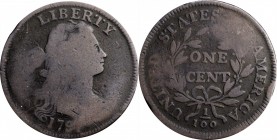 Draped Bust Cent

1797 Draped Bust Cent. S-140. Rarity-1. Reverse of 1797, Stems to Wreath. Good-6.

Late die state with heavy swelling on both si...