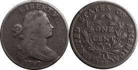 Draped Bust Cent

1797 Draped Bust Cent. S-141. Rarity-4. Reverse of 1797, Stems to Wreath. Fine-12, Porous, Scratches.

Solid definition to both ...