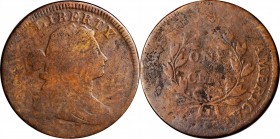 Draped Bust Cent

1797 Draped Bust Cent. S-142. Rarity-5+. Reverse of 1797, Stems to Wreath. Good-4, Porous, Cleaned.

A decent representative of ...