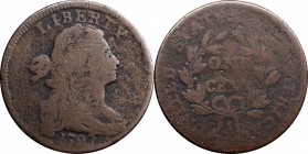 Draped Bust Cent

1797 Draped Bust Cent. S-143. Rarity-5. Reverse of 1797, Stemless Wreath. Good-4, Porous.

Medium brown surfaces with porosity a...