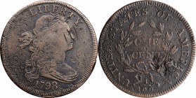 Draped Bust Cent

1798 Draped Bust Cent. S-144. Rarity-5+. Style I Hair. VF-20, Corroded, Damaged.

A classic rarity in the Sheldon series whose e...