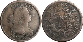 Draped Bust Cent

1798 Draped Bust Cent. S-147. Rarity-5-. Style I Hair. VG-10, Scratches.

Many thin, old scratches across each side. Otherwise t...