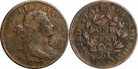 Draped Bust Cent

1798 Draped Bust Cent. S-148. Rarity-2. Style I Hair. VF-20, Porous.

A well-detailed and minimally marked piece that has porosi...