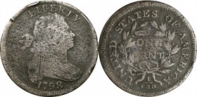 Draped Bust Cent

1798 Draped Bust Cent. S-149. Rarity-4+. Style I Hair. Good-6, Porous, Damaged.

A scarce and exceptionally condition-sensitive ...