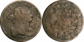 Draped Bust Cent

1798/7 Draped Bust Cent. S-150. Rarity-5. Good-4, Porous, Damaged.

The rarest of the three 1798/7 overdate varieties. Pleasing ...