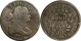 Draped Bust Cent

1798/7 Draped Bust Cent. S-151. Rarity-3. VG-8, Corrosion.

Scattered pitting with specks of verdigris on otherwise respectable ...