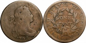 Draped Bust Cent

1798 Draped Bust Cent. S-153. Rarity-3. Style I Hair. Good-4, Damaged.

Pleasing originality and attractive brown color. No roug...