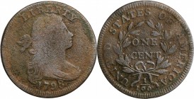 Draped Bust Cent

1798 Draped Bust Cent. S-154. Rarity-4+. Style I Hair. VG-8, Environmental Damage.

Finely granular with a mottled, earthy patin...