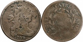 Draped Bust Cent

1798 Draped Bust Cent. S-156. Rarity-5+. Reverse of 1795. VG-8, Pitted, Damaged.

A key 1798 variety. This example, despite its ...
