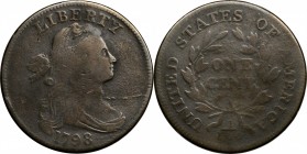 Draped Bust Cent

1798 Draped Bust Cent. S-157. Rarity-2. Style I Hair. VG-8, Porous.

Slightly porous dark steel surfaces that don't have any ser...