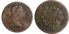 Draped Bust Cent

1798 Draped Bust Cent. S-158. Rarity-4. Style I Hair. VG-8, Porous, Cleaned.

Scattered porosity but a majority of the surface i...
