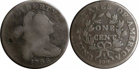 Draped Bust Cent

1798 Draped Bust Cent. S-160. Rarity-3. Style I Hair. Good-4, Damage.

Obverse divot that shows through to the reverse, otherwis...
