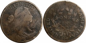 Draped Bust Cent

1798 Draped Bust Cent. S-164. Rarity-4. Style I Hair. Good-6, Bent.

Planchet slightly bent, the obverse convex. Otherwise decen...