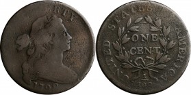 Draped Bust Cent

1798 Draped Bust Cent. S-167. Rarity-1. Style II Hair. Good-6.

Mostly smooth and problem-free medium brown surfaces. The revers...