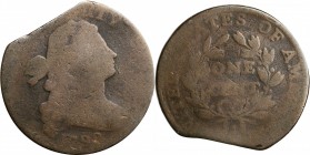 Draped Bust Cent

1798 Draped Bust Cent. S-169. Rarity-3. Style II Hair--Straight Clip--AG-3.

Planchet cut off the end of the copper strip, resul...