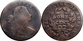 Draped Bust Cent

1798 Draped Bust Cent. S-174. Rarity-2. Style II Hair. Good-4, Recolored.

Smooth surfaces that were cleaned and recolored to a ...