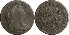 Draped Bust Cent

1798 Draped Bust Cent. S-175. Rarity-3. Style II Hair. Fine-12.

An appealing specimen with smooth steel-brown surfaces and full...