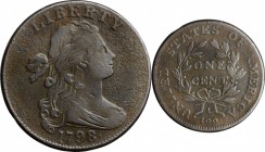Draped Bust Cent

1798 Draped Bust Cent. S-179. Rarity-2. Style II Hair. VF-20, Environmental Damage.

Lightly granular surfaces are free from mar...