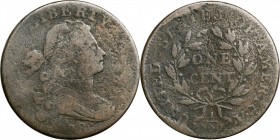 Draped Bust Cent

1798 Draped Bust Cent. S-180. Rarity-5+. Style II Hair. VG-8, Porous.

The rare and desirable latest die state of this key varie...
