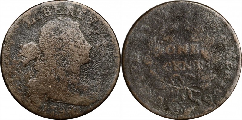 Draped Bust Cent

1798 Draped Bust Cent. S-186. Rarity-2. Style II Hair. Good-...