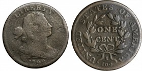 Draped Bust Cent

1798 Draped Bust Cent. S-187. Rarity-1. Style II Hair. VG-8, Porous, Bent.

A dark brown cent that's a little fuzzy in appearanc...