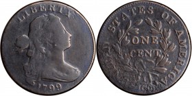 Draped Bust Cent

1799 Draped Bust Cent. S-189. Rarity-2. Fine-12--Burnished.

A boldly defined example for the grade of this famous key date larg...