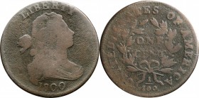 Draped Bust Cent

1800 Draped Bust Cent. S-200. Rarity-3. Good-6, Porous, Bent.

Lightly porous medium brown and steel surfaces with no major mark...
