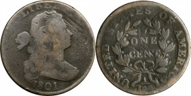 Draped Bust Cent

1801 Draped Bust Cent. S-213. Rarity-2. Good-6.

A neat variety with several wavy die cracks running parallel in the upper right...