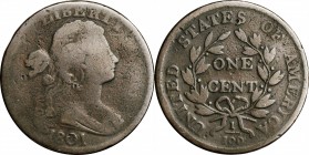 Draped Bust Cent

1801 Draped Bust Cent. S-216. Rarity-1. Good-6.

Natural medium brown surfaces. Rim bump off the hair ribbons and a little divot...