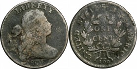 Draped Bust Cent

1801 Draped Bust Cent. S-222. Rarity-1. VG-8, Damaged.

Reverse dents which caused the planchet to bend. Light roughness and cir...