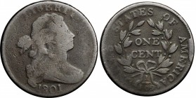 Draped Bust Cent

1801 Draped Bust Cent. S-224. Rarity-1. Good-6.

Dark brown surfaces that are little dull, but mostly smooth. Light obverse scra...