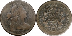 Draped Bust Cent

1802 Draped Bust Cent. S-230. Rarity-1. Good-6, Porous.

A bit of underlying roughness on otherwise pleasing, medium-brown surfa...