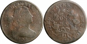 Draped Bust Cent

1802 Draped Bust Cent. S-235. Rarity-3. Good-4, Damaged.

Fairly smooth medium steel with several obverse marks and some reverse...